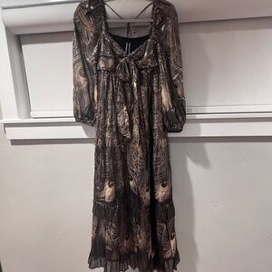 Anthropologie Brown Sheer Peacock-Print Maxi Dress